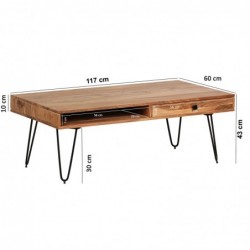 Wohnling Couchtisch BAGLI Massiv-Holz Akazie 120 cm breit Wohnzimmer-Tisch Design Metallbeine Landhaus-Stil Beistelltisch
