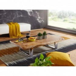 Wohnling Couchtisch 115 x 25 x 58 cm Akazie Massiv Holz Metallgestell groß | Baumstamm Wohnzimmertisch Massivholz Braun | Bau