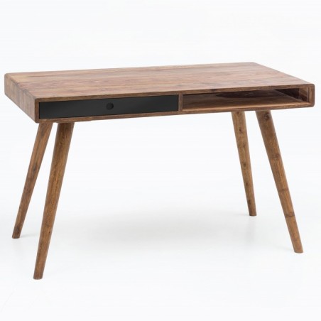 Wohnling Schreibtisch REPA schwarz 120 x 60 x 75 cm Massiv Holz Laptoptisch Sheesham Natur | Landhaus-Stil Arbeitstisch mit 1