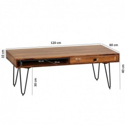 Wohnling Couchtisch BAGLI Massiv-Holz Sheesham 120 cm breit Wohnzimmer-Tisch Design Metallbeine Landhaus-Stil Beistelltisch