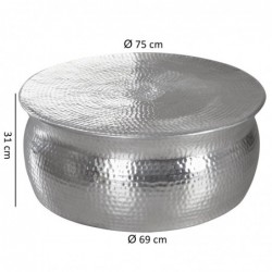 Wohnling Couchtisch 75x31x75cm Aluminium Silber Beistelltisch orientalisch rund | Flacher Hammerschlag Sofatisch Metall | Des