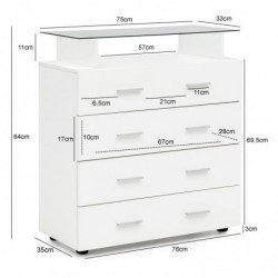 Wohnling Design Sideboard WL5.850 Weiß Hochglanz 76x84x35 cm Anrichte Holz Modern | Hohe Schubladenkommode mit Glas-Ablage |