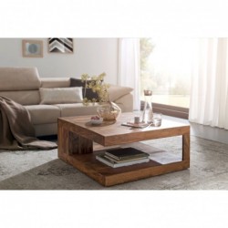 Wohnling Couchtisch Massiv-Holz Sheesham 90 cm breit Design Wohnzimmer-Tisch dunkel-braun Landhaus-Stil Beistelltisch