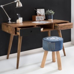 Wohnling Schreibtisch REPA schwarz 120 x 60 x 75 cm Massiv Holz Laptoptisch Sheesham Natur | Landhaus-Stil Arbeitstisch mit 2