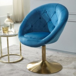 Wohnling Loungesessel Samt Blau / Gold Design Drehstuhl | Clubsessel Polsterstuhl mit Rückenlehne | Drehsessel Cocktailsessel