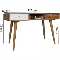 Wohnling Schreibtisch REPA weiß 120 x 60 x 75 cm Massiv Holz Laptoptisch Sheesham Natur | Landhaus-Stil Arbeitstisch mit 2 Sc