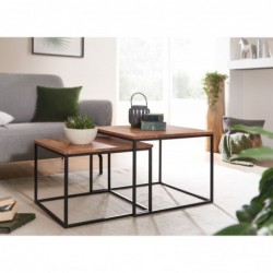 Wohnling Wohnzimmertisch 2er Set Akazie Massivholz / Metall Beistelltisch Eckig | Design Couchtisch mit Metallbeine Sofatisch