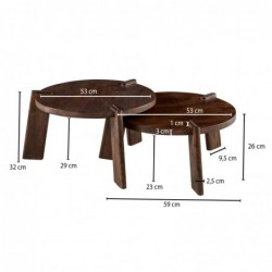 Wohnling Design Couchtisch 2er Set Mango Massivholz Wohnzimmertisch Dunkel | Satztisch Holztisch Rund Beistelltisch | Tischse
