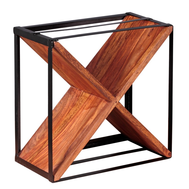 Wohnling Weinregal AKOLA Massiv-Holz Sheesham Flaschenregal Standregal für ca. 16 Flaschen mit Metallrahmen Holzregal X-Form