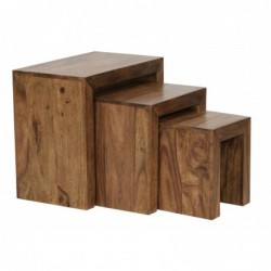 Wohnling 3er Set Satztisch Massiv-Holz Sheesham Wohnzimmer-Tisch Landhaus-Stil Beistelltisch dunkel-braun Naturholz