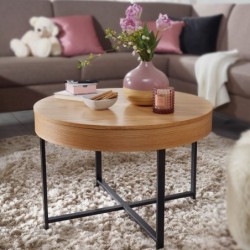 Wohnling Design Couchtisch Rund Ø 69 cm mit Eichen Optik Tisch mit Stauraum | Lounge-Wohnzimmertisch mit Metallbeine | MDF Be