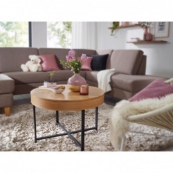 Wohnling Design Couchtisch Rund Ø 69 cm mit Eichen Optik Tisch mit Stauraum | Lounge-Wohnzimmertisch mit Metallbeine | MDF Be