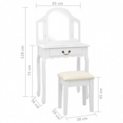 Schminktisch mit Hocker Weiß 65x36x128 cm Paulownia-Holz MDF