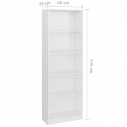 Bücherregal 5 Fächer Hochglanz-Weiß 60 x 24 x 175 cm Spanplatte