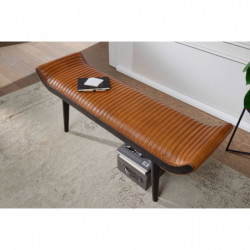 Sitzbank Echtleder / Massivholz Bank Braun 125x51x38 cm Modern