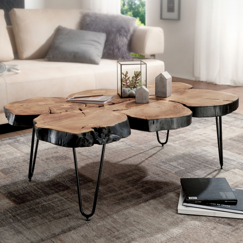 Couchtisch BAGLI Massiv-Holz Akazie 115 cm breit Wohnzimmer-Tisch Design Metallbeine Landhaus-Stil Beistelltisch
