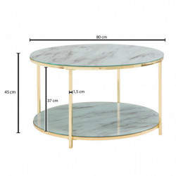 Couchtisch 80x80x45 cm Glas Sofatisch Rund Marmor Optik Weiß / Gold