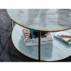 Couchtisch 80x80x45 cm Glas Sofatisch Rund Marmor Optik Weiß / Gold