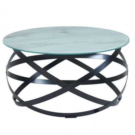 Couchtisch 60x60x30 cm Glas Sofatisch Rund mit Marmor Optik Weiß