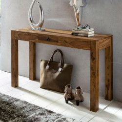 Konsolentisch MUMBAI Massivholz Sheesham Konsole mit 1 Schublade Schreibtisch 120 x 40 cm Landhaus-Stil Sideboard