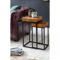 Design Satztisch WL5.660 Sheesham Metall Beistelltisch 2er Set Klein