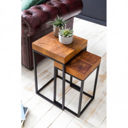 Design Satztisch WL5.660 Sheesham Metall Beistelltisch 2er Set Klein