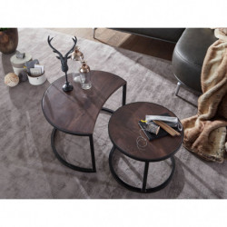 Couchtisch 2er Set Mango Massivholz / Metall Wohnzimmertisch Rund