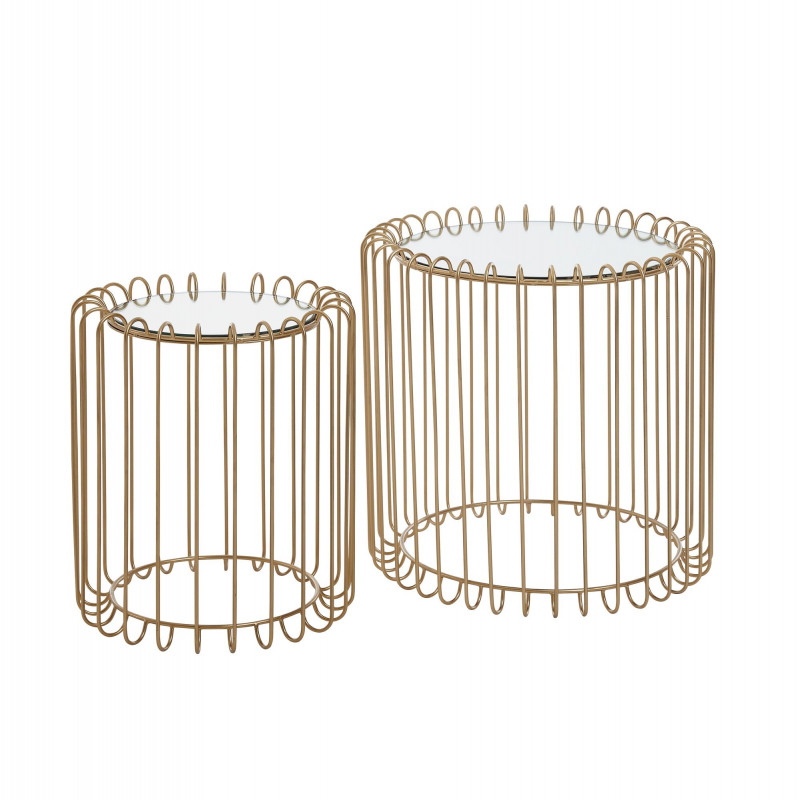 Beistelltisch 2er Set Korbtisch Gold Design Satztisch Metall / Glas Rund