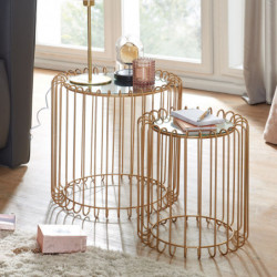 Beistelltisch 2er Set Korbtisch Gold Design Satztisch Metall / Glas Rund