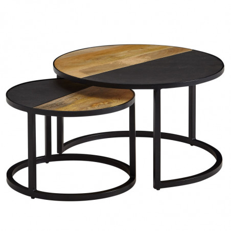 Couchtisch 2er Set Mango Massivholz / Stein Sofatisch Rund Modern