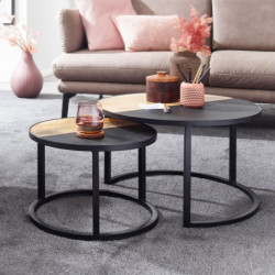 Couchtisch 2er Set Mango Massivholz / Stein Sofatisch Rund Modern