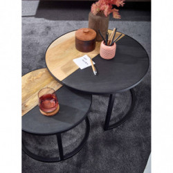 Couchtisch 2er Set Mango Massivholz / Stein Sofatisch Rund Modern
