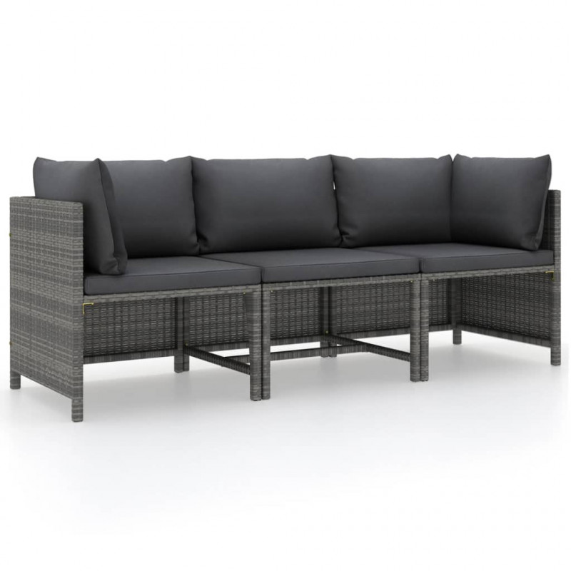 3-Sitzer-Gartensofa mit Kissen Grau Poly Rattan