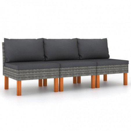 Mittelsofas 3 Stk. Poly Rattan und Eukalyptus Massivholz