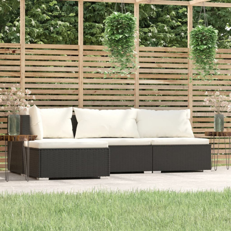 4-tlg. Garten-Lounge-Set mit Auflagen Schwarz Poly Rattan
