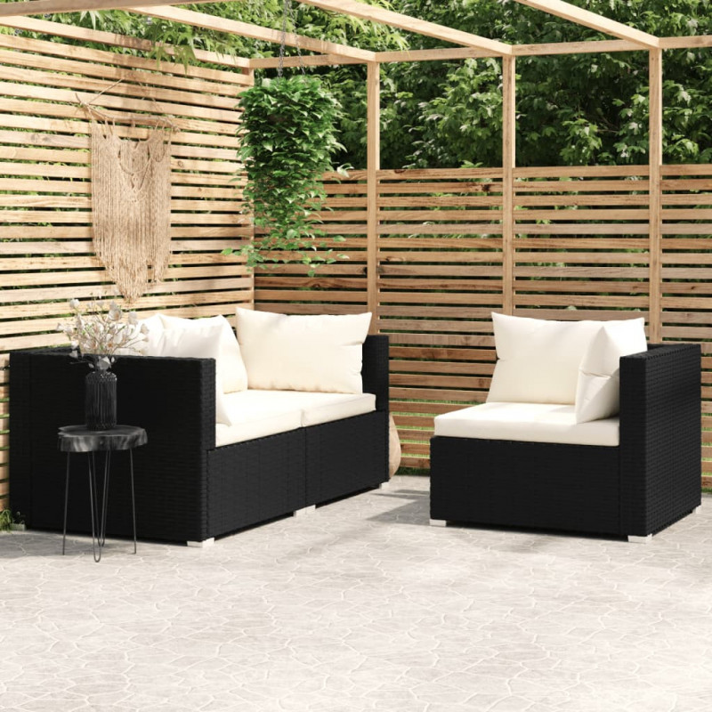 3-tlg. Garten-Lounge-Set mit Auflagen Schwarz Poly Rattan