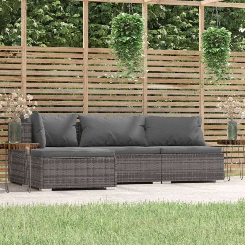 4-tlg. Garten-Lounge-Set mit Kissen Grau Poly Rattan