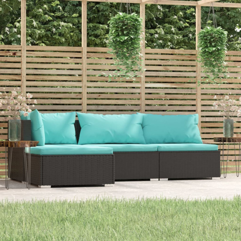 4-tlg. Garten-Lounge-Set mit Auflagen Schwarz Poly Rattan