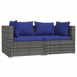 3-tlg. Garten-Lounge-Set mit Kissen Grau Poly Rattan