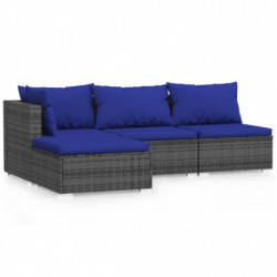 4-tlg. Garten-Lounge-Set mit Kissen Grau Poly Rattan