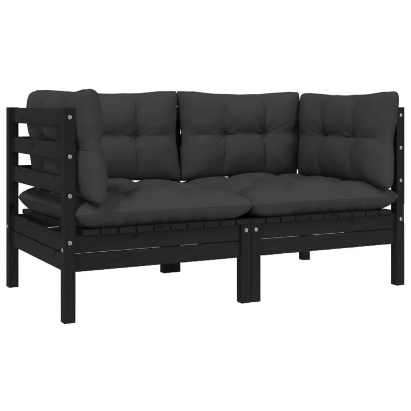 2-Sitzer-Gartensofa mit Kissen Schwarz Massivholz Kiefer