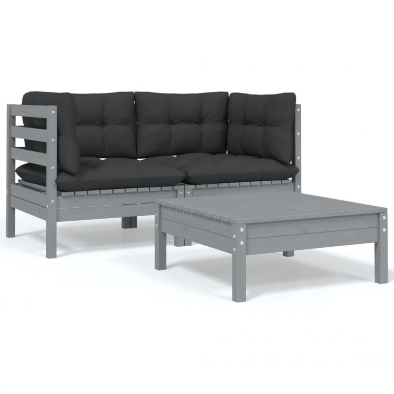 3-tlg. Garten-Lounge-Set mit Kissen Grau Kiefer Massivholz