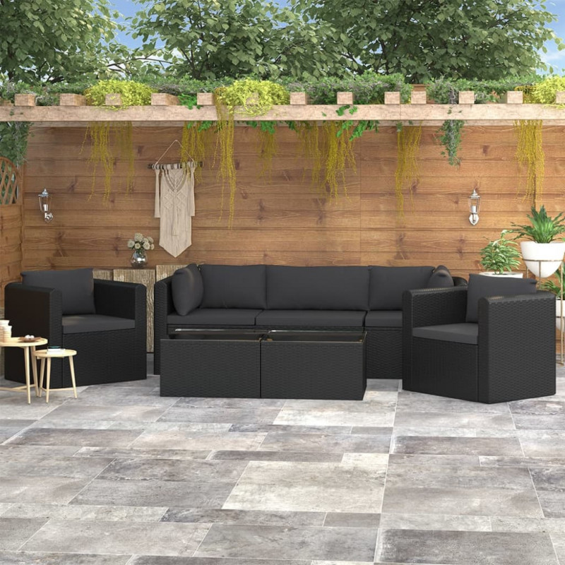 7-tlg. Garten-Lounge-Set mit Auflagen Poly Rattan Schwarz