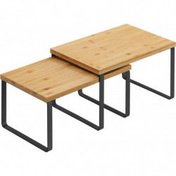 Schrankregal-Organizer, Set mit 2 Küchenthekenregalen, stapelbar, erweiterbar, Metall und Bambus, Weiß und Natur UKCS02NW