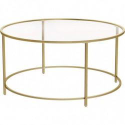 VASAGLE Couchtisch rund, Glastisch mit Stahlgestell, Wohnzimmertisch, Sofatisch, gehärtetes Glas, Gold LGT21G