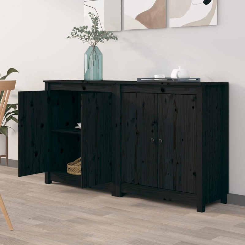 Sideboards 2 Stk. Schwarz 70x35x80 cm Massivholz Kiefer