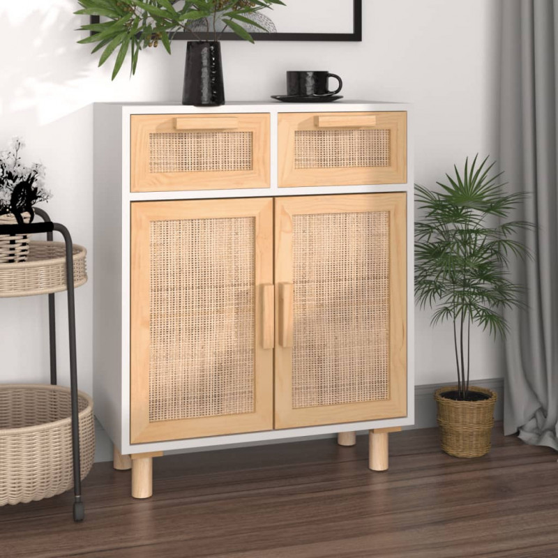 Sideboard Weiß 60x30x75 cm Massivholz Kiefer und Natur-Rattan