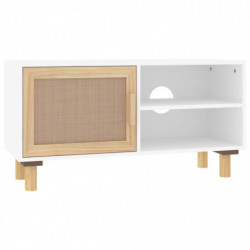 TV-Schrank Weiß 80x30x40 cm Massivholz Kiefer und Natur-Rattan