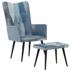 Sessel mit Hocker Blau Denim Patchwork Canvas