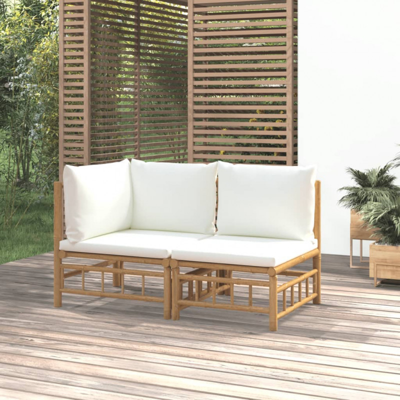 2-tlg. Garten-Lounge-Set mit Cremeweißen Kissen Bambus